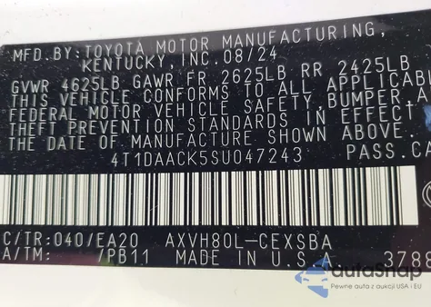 2025 Toyota Camry Xse/Xle/Le/Se из США, поврежденный, VIN 4T1DAACK5SU047243